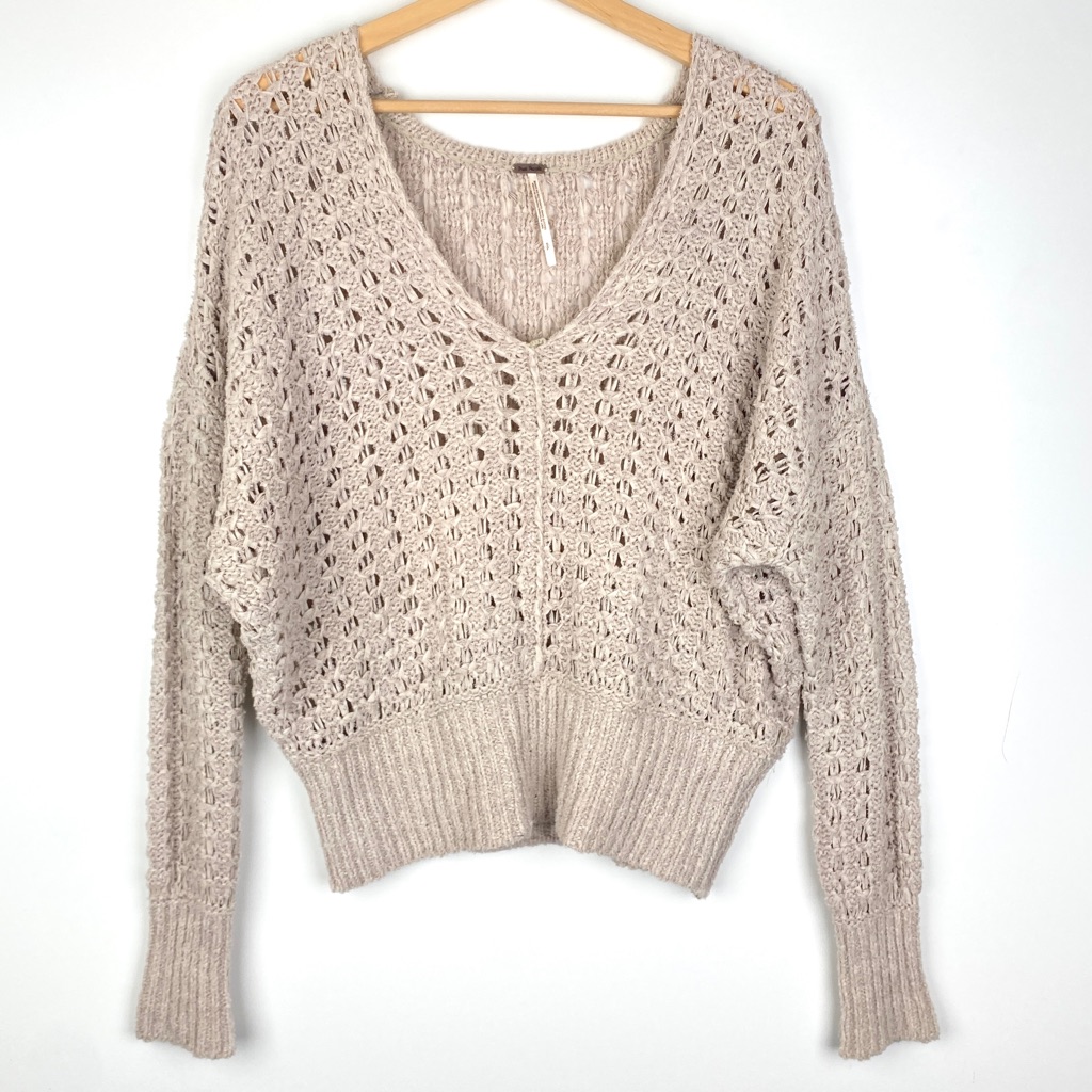 Free People Open Knit V-Neck Cotton Sweater, Oatmeal